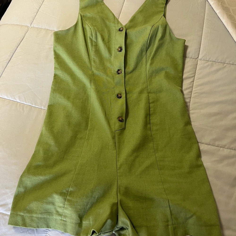 Hi Res Light Green Linen Blend Shorts Romper